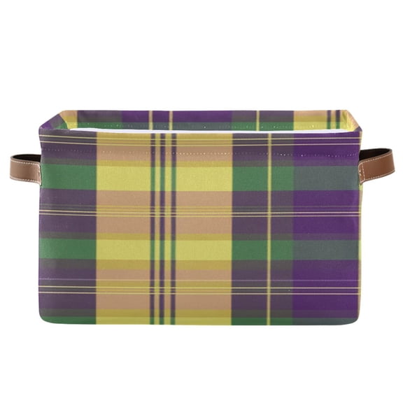 Mardi-gras Colored Plaid Square Storage Bins with Handles Collapsible Containing Box 1 Pack