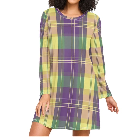 Mardi-gras Colored Plaid Women's Long Sleeves Nightgowns Sleepwear Soft Pajama A-line Sleep Dress XXL