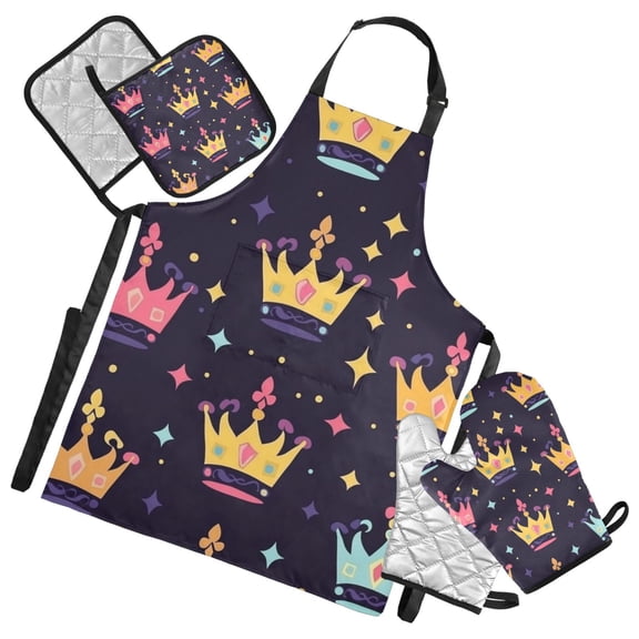 Mardi-gras Crowns Cartoon Apron Set with Oven Mitts Pot Holders Set of 5 Kitchen Stuff Accessories