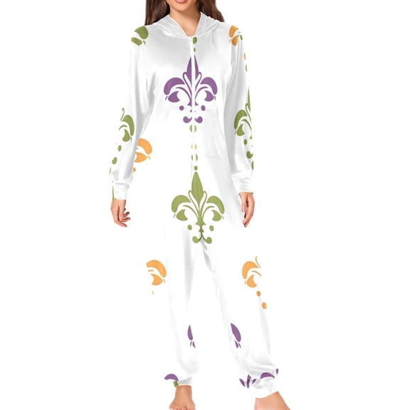 Mardi-gras Flower Patterns Adult's Hoodie Onesie Jumpsuit One-Piece Pajamas with Zipper Unisex for Holiday L