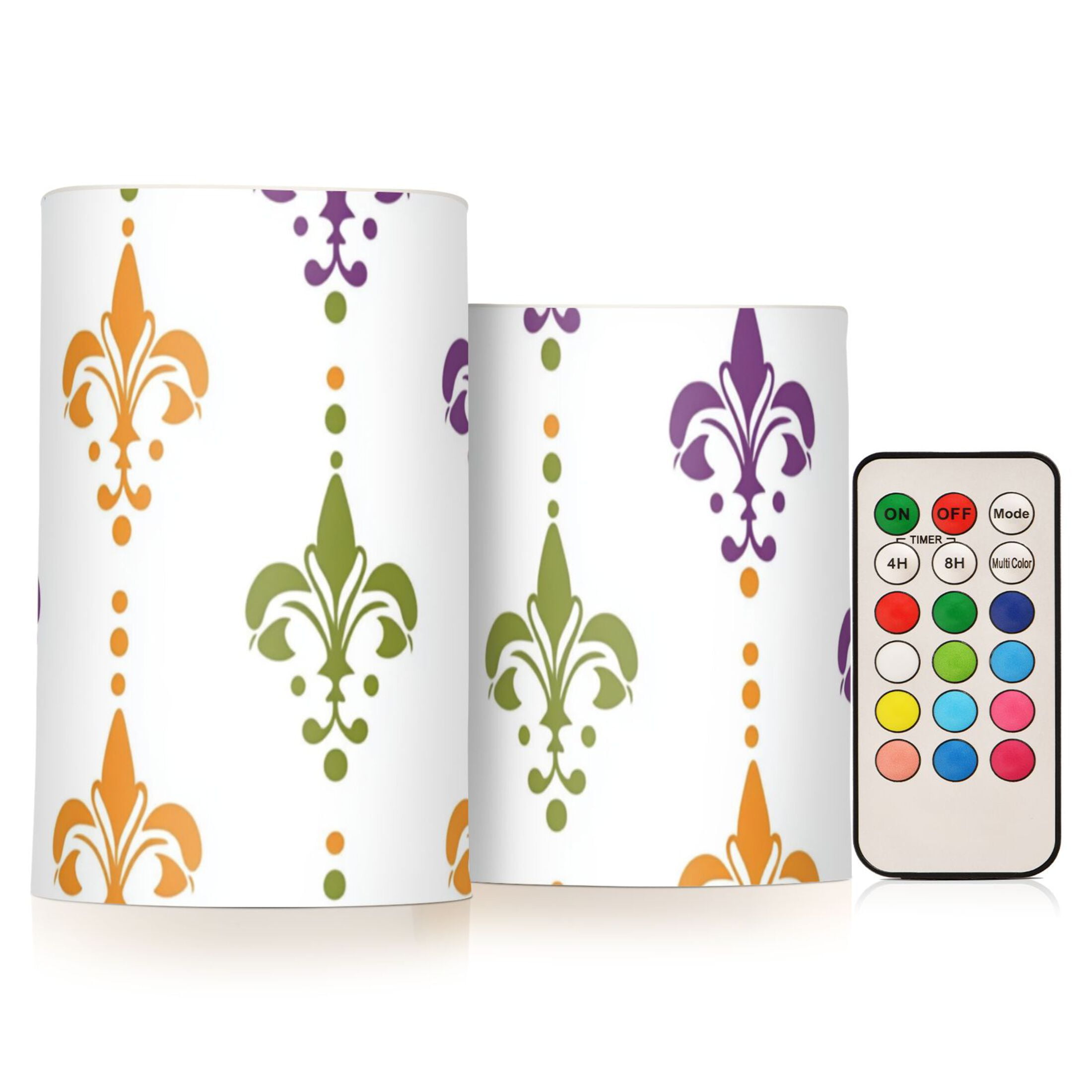 Mardi-gras Flower Patterns Flickering Flameless Candles LED Tealight Battery Operated with Remote Set of 2 Holiday Decor Ornaments