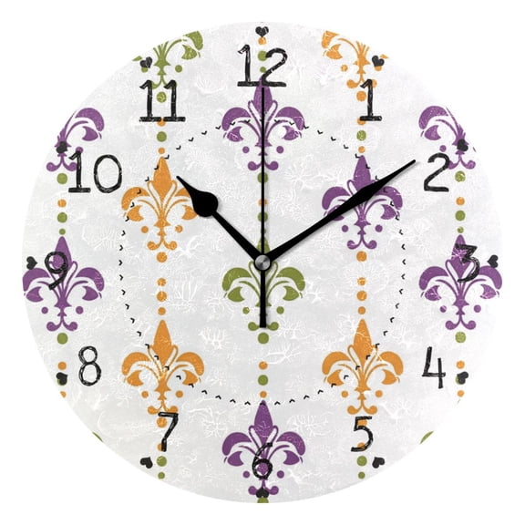 Mardi-gras Flower Patterns Round Wall Clock Silent Analog Battery Operated Black Pointer Home Decor 9.84" Diameter