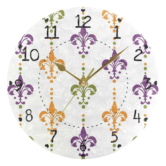 Mardi-gras Flower Patterns Round Wall Clock Silent Analog Battery Operated Gold Pointer Home Decor 9.84" Diameter