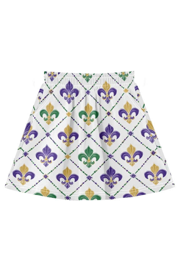 Mardi-gras Flowers on Grids Girls' Skirts A-Line Skirts with Under Dress Shorts Elastic Waist 7-8Y