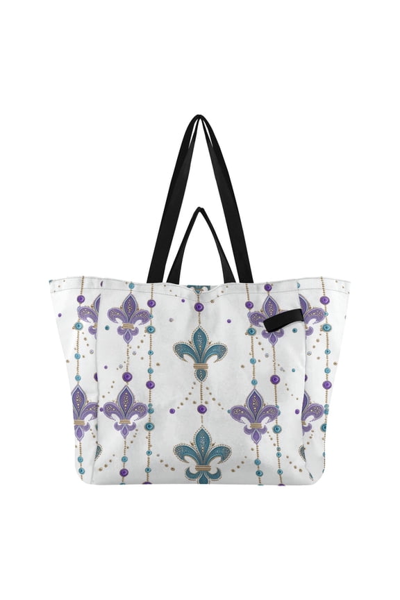 Mardi-gras Purple Teal Flowers with Beads Foldable Canvas Tote Bags Reusable Grocery Bags Laundry Bags Beach Bag 32L