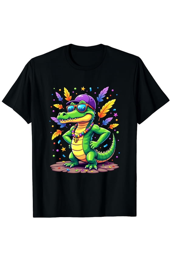 Mardigator Alligator Carnival Costume Mardi Gras Graphic Black T-Shirt for Men and Women