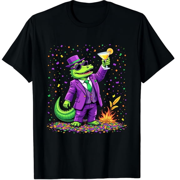 Mardigator Mardi Gras Alligator Costume Graphic Black T-Shirt for Men and Women