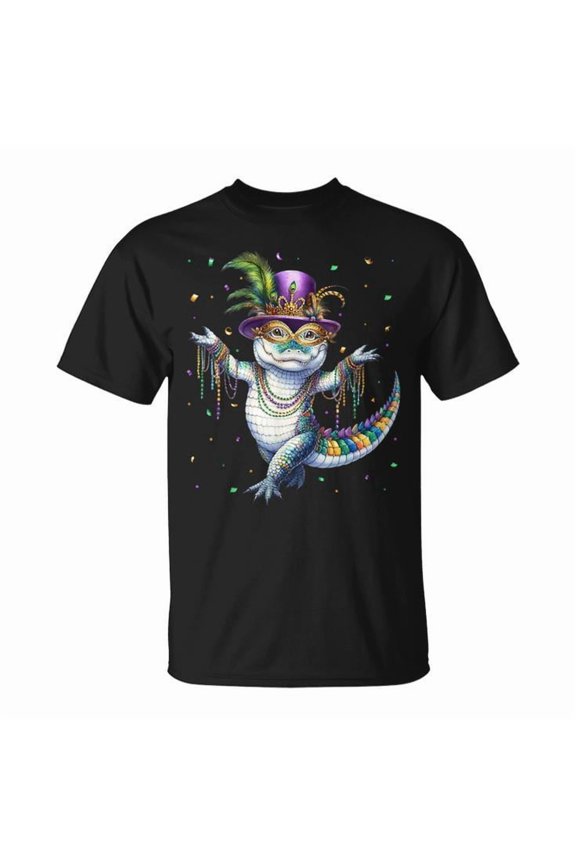 Mardigator Mardi Gras Alligator Dancing Graphic Tee Unisex Adult Cotton Shirt for Carnival Party Celebration, Fun Festive Outfit, Unique Gift Idea for Mardi Gras Fans, Size 2XL, Color Black