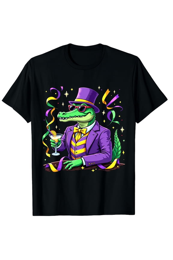 Mardigator Mardi Gras Alligator Outfit Graphic Crew Neck Short Sleeve T-Shirts (Men's, Women's)