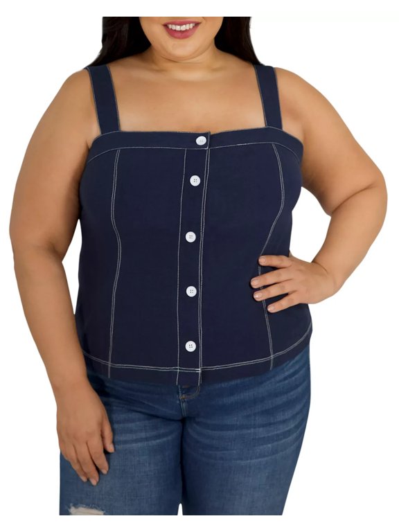 Plus Square Neck Button Front Tank Top Womens 20 Navy Linen Blend
