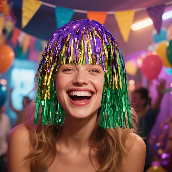 Mareep 1Pcs Carnival Wig Hat - Color Block Plastic Rain Hair Wig for Festivals, Party Costume Accessory, Breathable & Glitter Hairpiece for Music Events & Holiday Fun