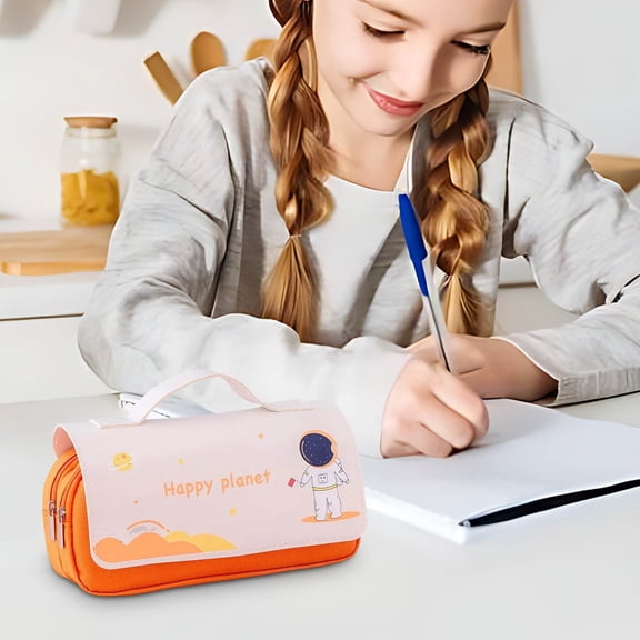 Mareep Cartoon Astronaut Double-Layer Large-Capacity Pencil Case Cute Stationery Bag for Office - Canvas and Leather Space-Themed Pouch for Pencils Pens Markers Supplies