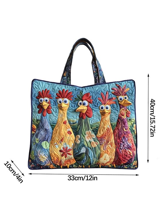 Chicken Tote Bag, Whimsical Rooster Patchwork Shoulder Bag for Women, Large Handbag for Market Beach Everyday Use, Colorful