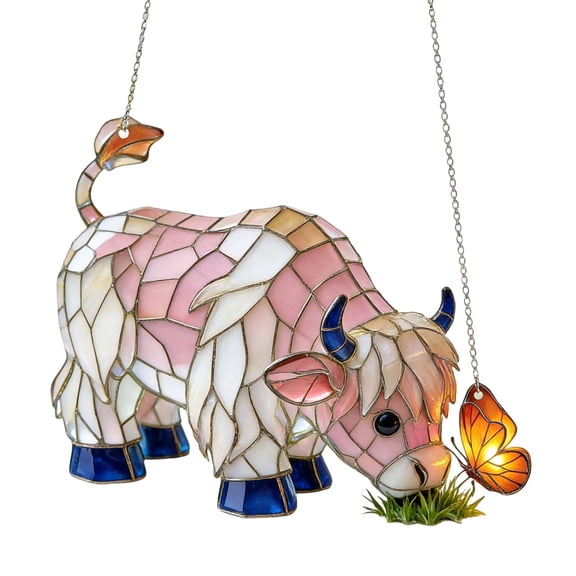 Mareep Colorful Acrylic Highland Cow Sun Catcher Window Hanging Decor - 2D Flat Stained Glass Style Bull Ornament for Windows, Gifts for Cattle Lovers, Brings Rainbows & Calm Rural Vibes