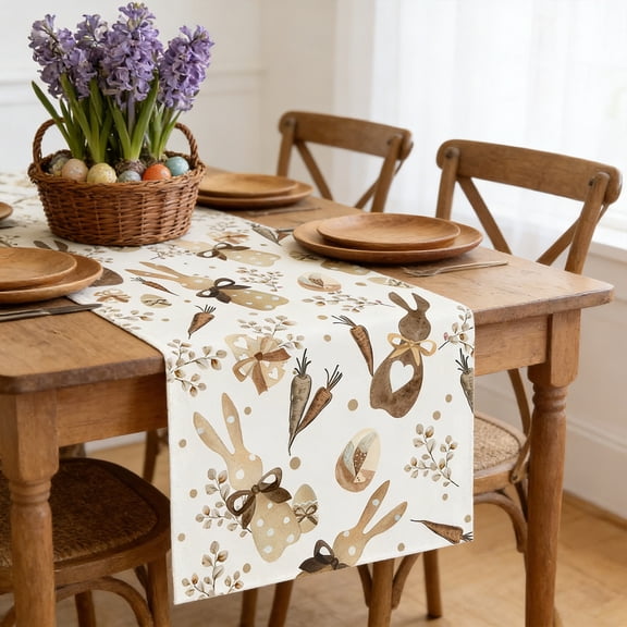 Mareep Easter Table Runner, Happy Easter Bunnies and Eggs Tablecloth for Spring Holiday Dining Room Decoration, Tabletop Decor for Party, Dinner and Family Celebration