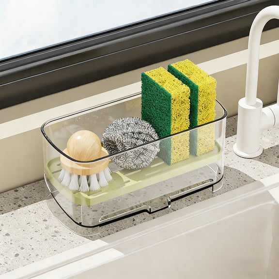 Mareep Green Acrylic Sink Organizer 2Tier Dish Drying Rack with Utensil Holder Drainage Countertop Sponge Soap Dishcloth Storage Caddy for Kitchen 7.09 Inch