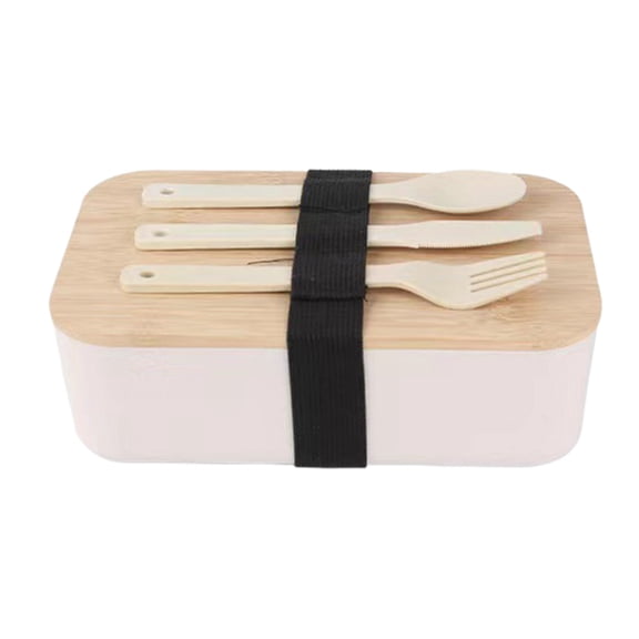 Mareep Japanese Style Double Layer Bento Box with Bamboo Lid, Compartment Plastic Lunch Container with Cutlery for Office Workers