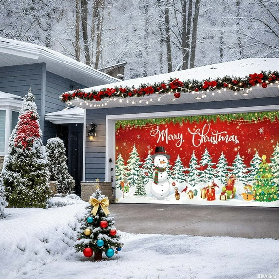 Mareep Large Christmas Garage Door Cover 192x94in, Outdoor Merry Christmas Garage Decorations Polyester Cloth, Festive Holiday Hanging Banner for Outdoor Facade, XX-Large Garage Door Decor