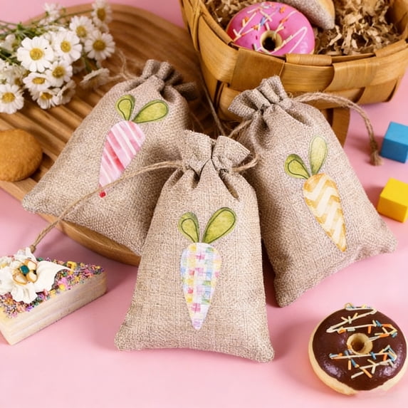 Tuscom Linen Easter Carrot Treat Bags, Colorful Drawstring Candy Pouches for Egg Hunts, Spring Party Favors, or Goodie Bags