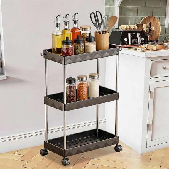 Mareep Narrow Rolling Storage Cart with 3 Shelves, 22.8" Slim Utility Cart with Wheels for Kitchen Bathroom Dorm, Compact Organizer Cart for Small Spaces, Black Plastic Mobile Shelving Unit