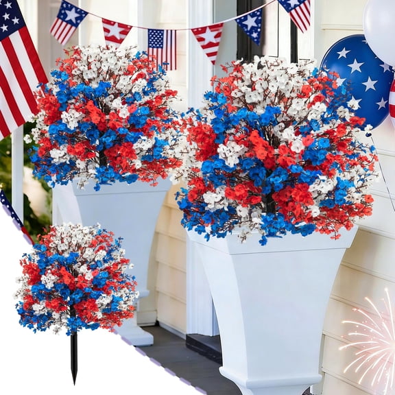 Mareep Patriotic Artificial Flowers Red White Blue Bush for Independence Day Decorations - UV Resistant Fake Shrubs for Outdoor Garden, Cemetery, Patio, and Home Front Porch