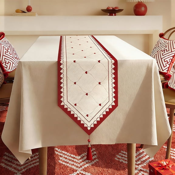 Tuscom Red Tassel Table Runner for Christmas and New Year, Polyester Decorative Tablecloth with Openwork Design for Dining Table, Coffee Table, TV Cabinet, Holiday Party and Home Decor, 47x12in