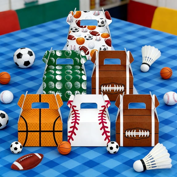 Mareep Sports Party Favor Boxes 6Pcs, Paper Gift Boxes with Handles for Candy, Snacks, and Popcorn, Themed Treat Bags for Football, Basketball Game Day Parties, Birthday Celebrations and Events