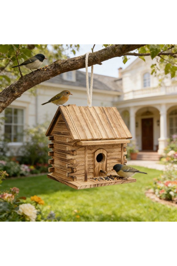 Wooden Bird House Outdoor Hanging Feeder with Perch, Natural Wood Courtyard Bird Nest for Parrots and Wild Birds, Hand-Painted Garden Decor