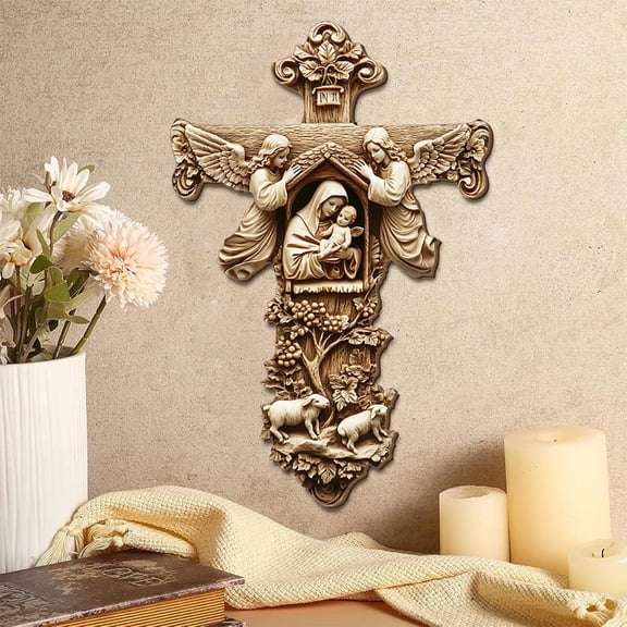 Mareep Wooden Christmas Wall Hanging Decor - Nativity Scene Relief Plaque, Rustic Brown Holiday Door Sign for Home, Church Blessing, Festive Indoor Decoration, 11.81*7.87in