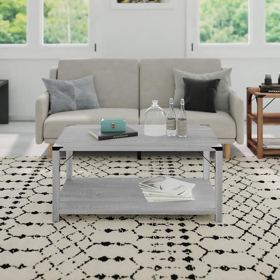 Marella Modern Farmhouse Coffee Table - Engineered Wood Construction in Aspen Gray - Powder Coated Steel Accents - Solid Base - Floor Glides