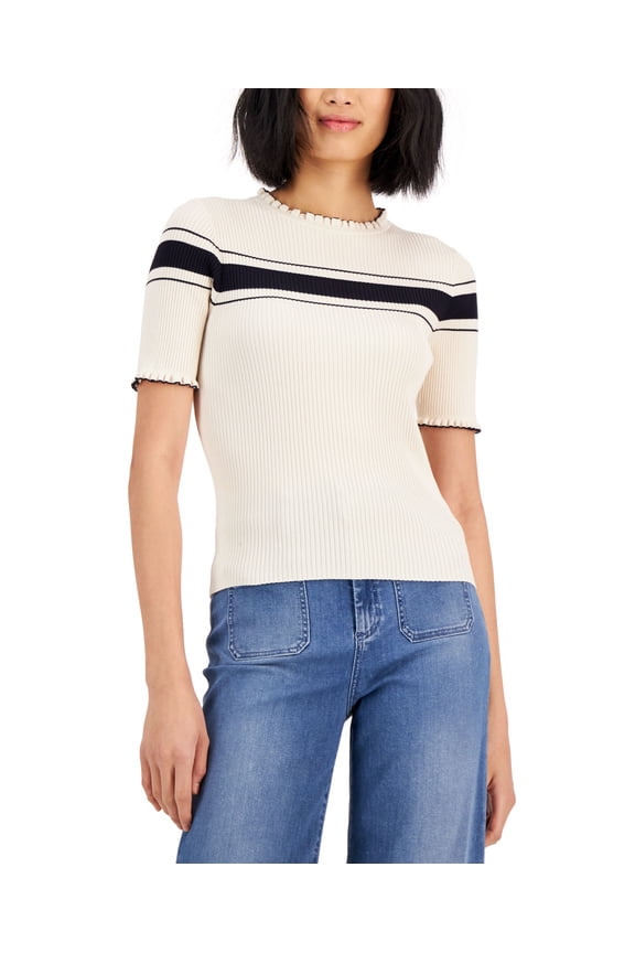 Slim Fit Ribbed Knit Sweater Cream M