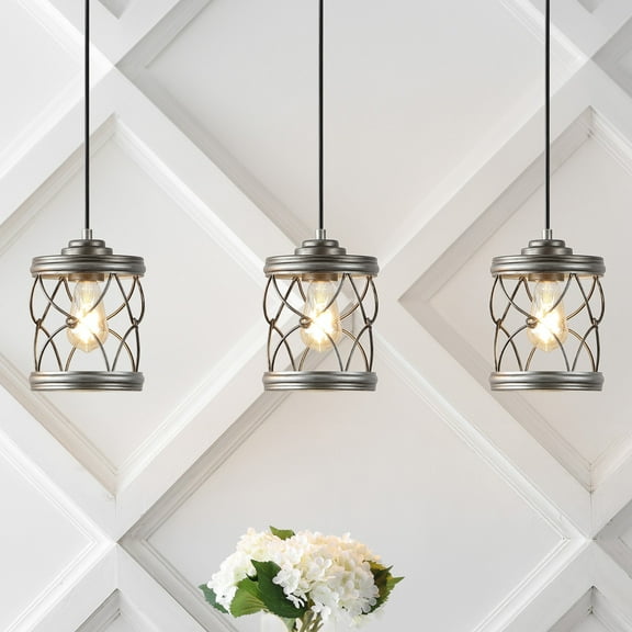 JONATHAN Y Marelle 6.5" 1-Light Farmhouse Industrial Iron Filigree Caged Jar LED Pendant, Antique Silver (Set of 3)