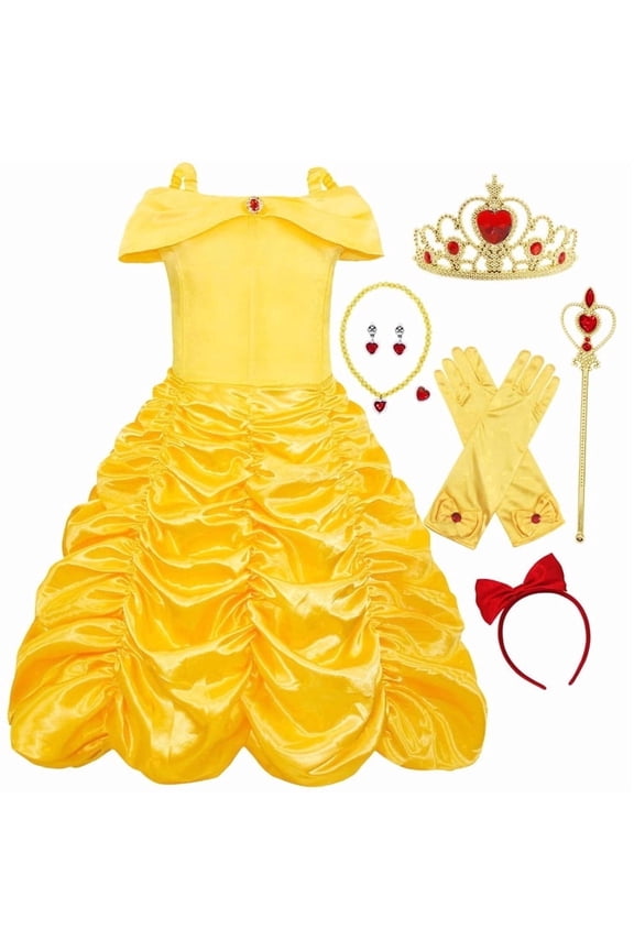 Belle Princess Dress Off Shoulder Layered Costume for Little Girl Halloween Cosplay Birthday Outfit Yellow 5-6 Years