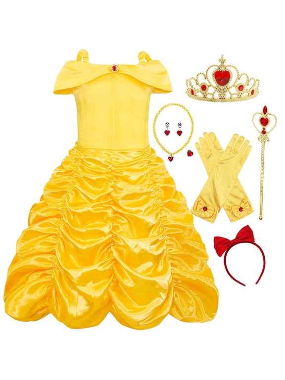 Belle Princess Dress Off Shoulder Layered Costume for Little Girl Halloween Cosplay Birthday Outfit Yellow 7-8 Years