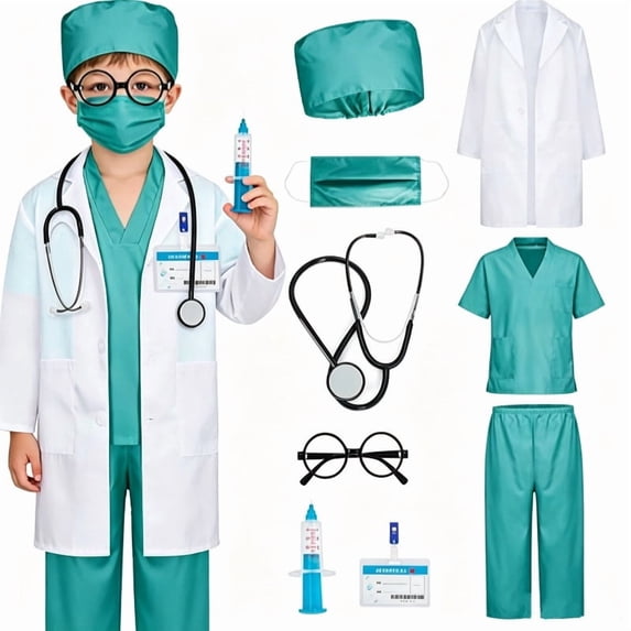 Marendyee Doctor Costume for Girls and Boys Kids Scrubs Nurse outfit With Set including a stethoscope Dress Up Cosplay Halloween Toddler 12T 11-12Years