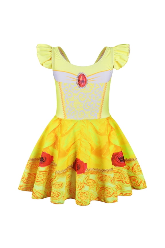 Belle Princess Swimsuit for Girls One Piece Short Sleeve Swim Dress Rash Guard Bathing Suit Skirted Swimwear 3-10 Years