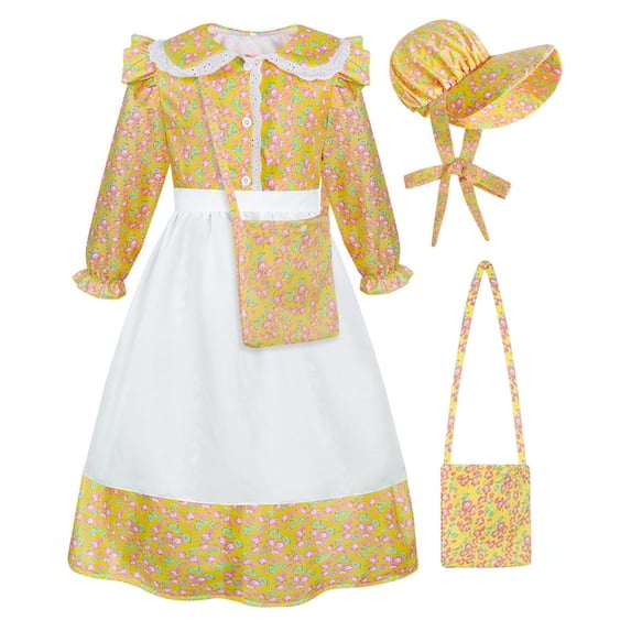 Marendyee Pioneer Costume for Girl Floral Colonial Prairie Dress for Kids with Apron and Bonnet 12T(11-12Years)