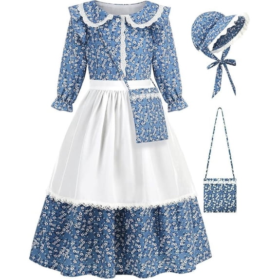 Marendyee Pioneer Costume for Girl Floral Colonial Prairie Dress for Kids with Apron and Bonnet 6T(6-7Years)
