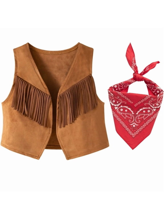 Dress up Western Cowboy Style Costume For Boys and Girls Brown Fringe Vest Top Outfit For Toddler With a red bandana Set for Halloween Cosplay Kids 6T 5-6Years