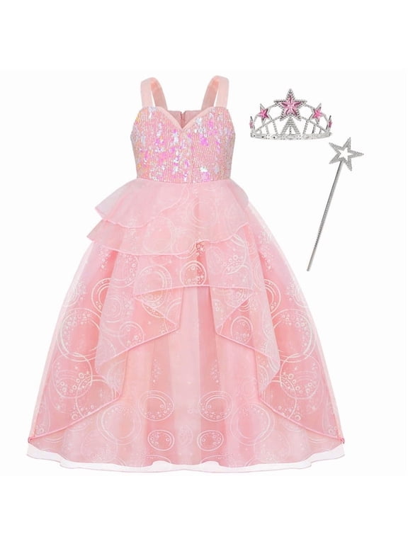 Glinda Dress for Girls Pink Tulle and Sequin Dress for Kids Halloween Cosplay Costumes