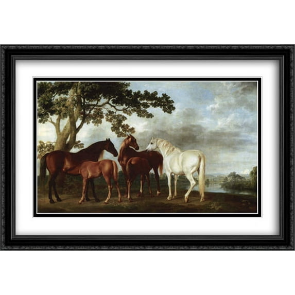 Mares and Foals in a River Landscape 2x Matted 40x28 Large Black Ornate Framed Art Print by George Stubbs