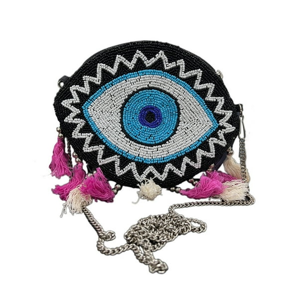 Handcrafted Blue Evil Eye Beaded Crossbody Purse - Bohemian Tassel Bag for Women with Chain - Unique Ethnic Style Shoulder Handbag - Trendy Festival Fashion Accessories & Boho Chic Essentials