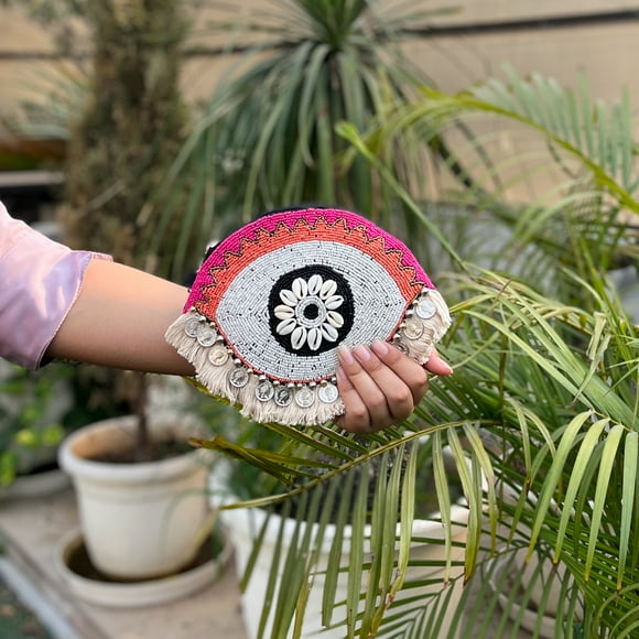 Handcrafted Evil Eye Beaded Crossbody Boho Purse - Bohemian Tassel Bag for Women with Chain - Unique Ethnic Style Shoulder Handbag - Trendy Festival Fashion Accessories & Boho Chic Essentials
