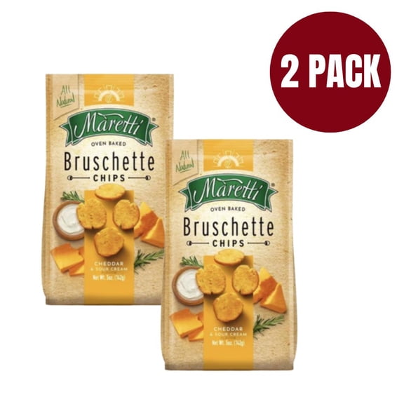 Maretti Bruschette Chips, Cheddar & Sour Cream, 142g (5 oz) Bag (Pack of 2) Crispy Oven-Baked Bread Circles with Rich Savory Seasoning