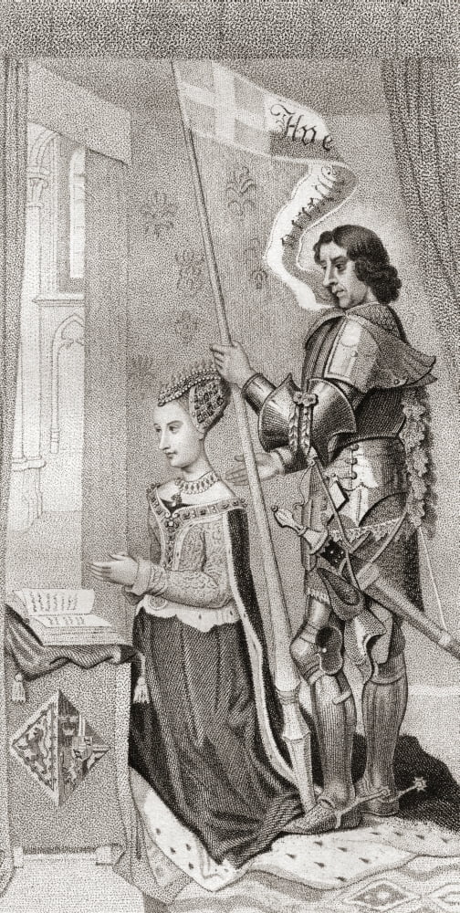 Margaret of Denmark with St Canute patron of Denmark behind her holding a banner showing the cross of the crusades Margaret of Denmark 1456 Canvas Art - Ken Welsh  Design Pics (9 x 19)