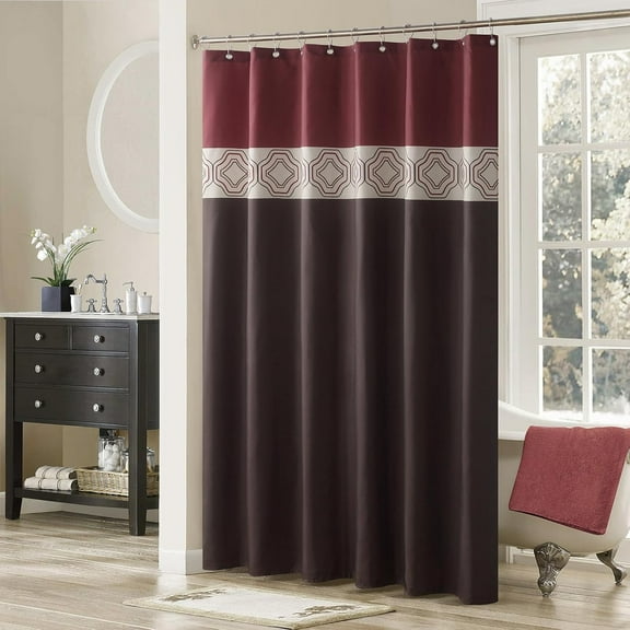 Margaret Printed Farmhouse Polyester Red Fabric Chocolate Vintage Burgundy Geometric Brown Contemporary Waterproof Shower Curtain for Bathroom with Hooks 70"W x 72"L (Pack of 1)