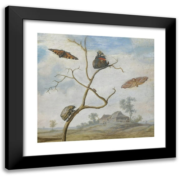Margareta de Heer 13x12 Black Modern Framed Museum Art Print Titled - A Cockchafer on a Branch, Two Butterflies, a Moth and a Small Beetle Above, and a Landscape Behind