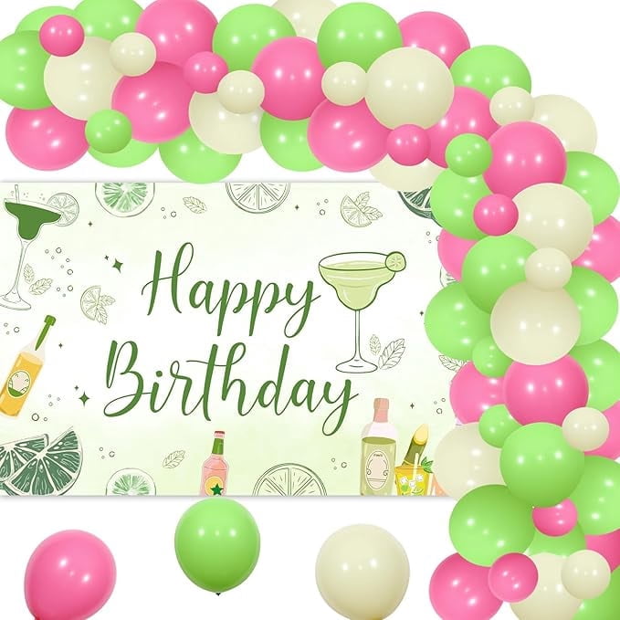 Margarita Birthday Party Decorations - Margarita Balloon Garland Arch Kit with Happy Birthday Backdrop for Mexican Fiesta Cinco De Mayo Cactus Party Supplies