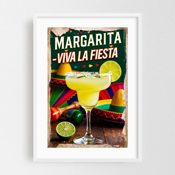 Margarita Cocktail Poster: Vintage Fiesta Vibes - Mexico Illustration Cocktail Fruit Humor Vintage Tropical Kitchen Decor Quote White Framed Wall Art Print 5 x 7 inches