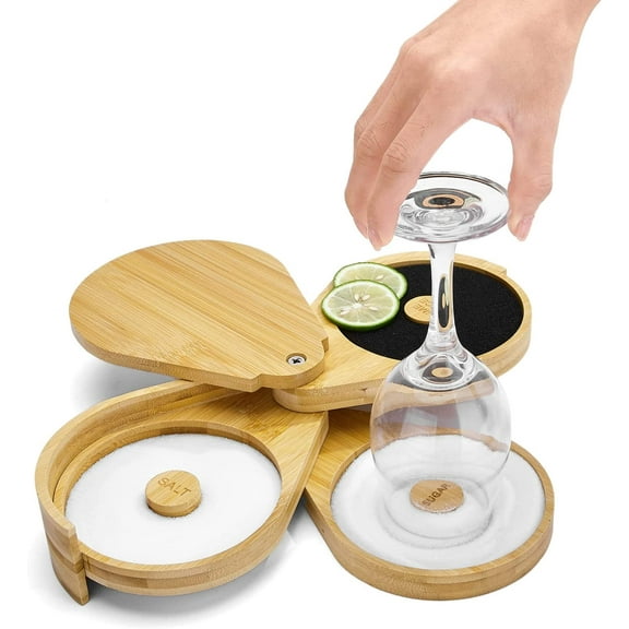 Margarita Salt Rimmer Set,1 Pack 3 Tier Bar Glass Rimmer Bamboo Wood Sugar Salt Box with Sponge,Bartender Tool for Cocktail and Margarita